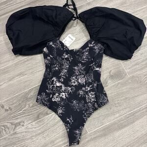 Free People Intimately Black Floral Puff Sleeve Bodysuit XS NWT